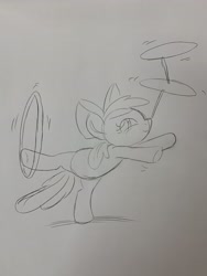 Size: 3024x4032 | Tagged: safe, artist:debmervin, apple bloom, earth pony, pony, loop-de-hoop, monochrome, plate spinning, ponies balancing stuff on their nose, sketch, solo, traditional art