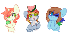 Size: 1819x932 | Tagged: safe, artist:pomrawr, oc, oc only, earth pony, pegasus, pony, unicorn, balancing, blushing, bust, earth pony oc, eating, eye clipping through hair, food, horn, one eye closed, pegasus oc, smiling, unicorn oc, unshorn fetlocks, watermelon, wings, wink