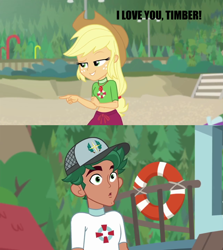 Size: 1280x1436 | Tagged: safe, applejack, timber spruce, better together, equestria girls, turf war, applespruce, crush, female, lifeguard timber, male, meme, shipping, straight