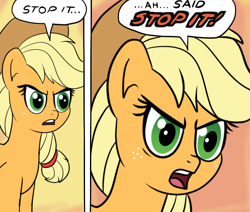 Size: 800x677 | Tagged: safe, artist:crimsonsky, applejack, earth pony, pony, /mlp/, 4chan, accent, angry, applejack's hat, comic, cowboy hat, drawthread, female, funny, hat, mare, meme, reaction image, solo, stop it, superman, yelling
