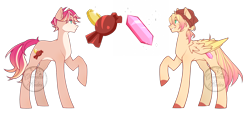 Size: 2056x935 | Tagged: safe, artist:chemicalhades, derpibooru import, oc, oc only, earth pony, pegasus, pony, beanie, colored hooves, duo, freckles, hat, male, offspring, parent:big macintosh, parent:fluttershy, parents:fluttermac, raised hoof, simple background, transparent background, watermark