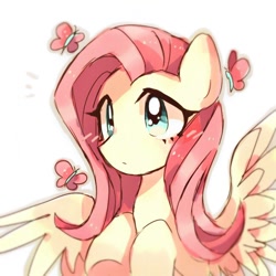 Size: 900x900 | Tagged: safe, artist:jojofassbender, fluttershy, butterfly, pegasus, pony, bust, cute, female, hooves to the chest, mare, portrait, shyabetes, simple background, solo, spread wings, three quarter view, white background, wings