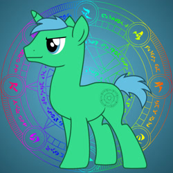 Size: 2000x2000 | Tagged: safe, artist:hybrid-changling, oc, oc only, oc:cloud calculation, pony, unicorn, cutie mark background, gradient background, horn, magic, magic circle, male, runes, solo, stallion, unicorn oc