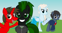 Size: 3758x2039 | Tagged: safe, artist:shadymeadow, oc, oc only, oc:cyrax, oc:fried egg, alicorn, pegasus, pony, unicorn, big hero 6, clothes, dress, elsa, frozen (movie), hiro hamada, male, ponified, stallion