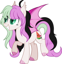 Size: 900x935 | Tagged: safe, artist:t-aroutachiikun, oc, oc:watermelon tourmaline, bat pony, pony, female, mare, simple background, solo, transparent background