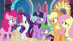 Size: 1920x1080 | Tagged: safe, screencap, applejack, fluttershy, pinkie pie, rarity, spike, twilight sparkle, twilight sparkle (alicorn), alicorn, dragon, earth pony, pegasus, pony, unicorn, between dark and dawn, female, freckles, looking at each other, male, mare, scroll, winged spike