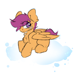 Size: 2000x2000 | Tagged: safe, artist:spoopygander, scootaloo, pegasus, pony, bandaid, chest fluff, cloud, eye clipping through hair, eyelashes, female, filly, outline, prone, sitting, solo, wings