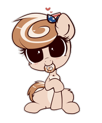 Size: 1265x1522 | Tagged: safe, artist:confetticakez, derpibooru import, oc, oc:cinnamon spangled, earth pony, pony, bandana, chibi, cinnamon bun, cute, female, food, mare, ocbetes, simple background, sitting, transparent background