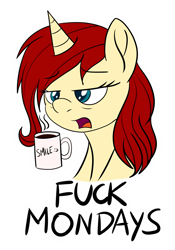 Size: 1400x2000 | Tagged: safe, artist:an-tonio, derpibooru import, oc, oc:golden brooch, pony, unicorn, bags under eyes, coffee, messy mane, simple background, solo, sticker, transparent background, vulgar