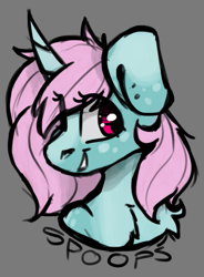 Size: 385x522 | Tagged: safe, artist:spoopygander, oc, oc only, oc:scoops, pony, unicorn, blaze (coat marking), chest fluff, coat markings, ear piercing, earring, freckles, horn, jewelry, looking at you, piercing, smiling, solo, unicorn oc