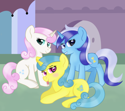 Size: 3000x2678 | Tagged: safe, artist:rainbowtashie, derpibooru import, lemon hearts, minuette, twinkleshine, pony, unicorn, cute, female, looking at you, mare, smiling, tongue out, trio