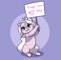 Size: 1413x1380 | Tagged: safe, artist:katputze, derpibooru import, oc, oc only, oc:sacer, pony, unicorn, blatant lies, commission, femboy, hoof hold, lightly watermarked, male, op is a cuck, op is trying to start shit, sign, simple background, solo, stallion, trap, watermark, ych result