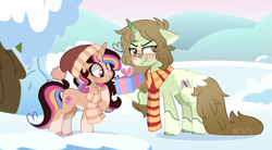 Size: 2185x1209 | Tagged: safe, artist:foxysparkle, oc, oc only, oc:margaret, oc:melanie, pony, unicorn, base used, blushing, clothes, female, mare, present, scarf, snow