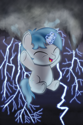 Size: 1440x2160 | Tagged: safe, artist:spellboundcanvas, oc, oc:arcane thunder, pony, unicorn, colt, eyes closed, glowing horn, horn, lightning, male, open mouth, pony oc, solo, stormcloud, thunder storm, underhoof