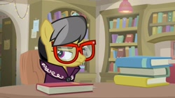 Size: 1920x1080 | Tagged: safe, screencap, a.k. yearling, pony, daring doubt, book, glasses, solo