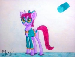 Size: 1166x892 | Tagged: safe, artist:dialysis2day, oc, oc:claudia, pony, unicorn, bowtie, clothes, female, glasses, mare, shirt, solo, traditional art