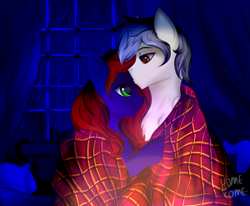 Size: 3631x2999 | Tagged: safe, artist:homecome, derpibooru import, oc, oc only, oc:ion sparkplug, oc:night coder, pegasus, pony, blanket, cozy, cuddling, curtains, female, kissing, male, mare, night, pillow, rain, shipping, smiling, stallion, window, ych result