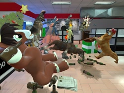 Size: 1024x768 | Tagged: safe, artist:horsesplease, trouble shoes, oc, oc:sir benjamin, dog, horse, 3d, alcohol, bottle, christmas, christmas tree, doge, dogmeat, drunk, drunken shoes, epona, generic epona, generic giddyup, giddyup buttercup, gmod, holiday, mudsdale, pokémon, ponyta, the legend of zelda, tree