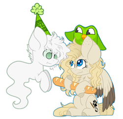 Size: 1280x1234 | Tagged: safe, artist:mintoria, oc, oc only, oc:dusty, oc:may, ghost, pegasus, pony, baguette, bread, duolingo, female, food, hat, mare, party hat, simple background, transparent background, two toned wings