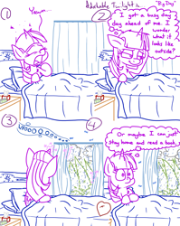 Size: 4779x6013 | Tagged: safe, artist:adorkabletwilightandfriends, twilight sparkle, twilight sparkle (alicorn), alicorn, pony, comic:adorkable twilight and friends, adorkable, adorkable twilight, bed, bedroom, blanket, clock, comic, cute, dork, female, mare, morning, pillow, rain, slice of life, solo, storm, tissue, twiabetes, weather, wind, yawn