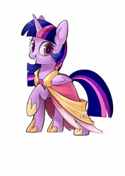 Size: 2150x3035 | Tagged: safe, artist:yunlongchen, derpibooru import, twilight sparkle, twilight sparkle (alicorn), alicorn, pony, magical mystery cure, clothes, coronation dress, cute, dress, high res, hoof shoes, raised hoof, simple background, solo, twiabetes, white background