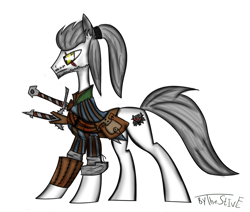 Size: 1024x870 | Tagged: safe, artist:thestive19, derpibooru import, earth pony, pony, clothes, cutie mark, geralt of rivia, hooves, male, ponified, ponytail, scar, signature, simple background, solo, stallion, sword, the witcher, weapon, white background