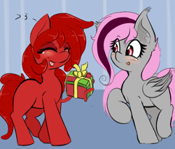 Size: 1501x1278 | Tagged: safe, artist:freefraq, oc, oc:cherry slime, oc:lilac san, bat pony, goo, goo pony, original species, cute, eyes closed, gift wrapped, present, tongue out