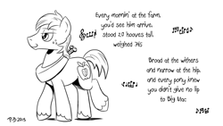 Size: 1200x675 | Tagged: safe, artist:pony-berserker, big macintosh, earth pony, pony, pony-berserker's twitter sketches, black and white, grayscale, i can't believe it's not idw, jimmy dean, male, monochrome, music notes, signature, simple background, sketch, solo, stallion, white background