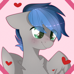 Size: 2000x2000 | Tagged: safe, artist:etoz, derpibooru import, oc, oc:kyran, pegasus, pony, blushing, bust, colt, heart, male, wings, ych result