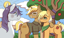 Size: 1016x613 | Tagged: safe, artist:silverhyena, part of a series, part of a set, trenderhoof, oc, oc:apple trend, oc:diamond charm, earth pony, pony, unicorn, apple, father and child, father and son, food, freckles, glasses, like father like son, male, neckerchief, not applejack, offspring, parent and child, parent:applejack, parent:bags valet, parent:rarity, parent:trenderhoof, parents:trenderjack, side hug, stallion, tree