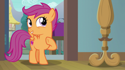 Size: 1920x1080 | Tagged: safe, screencap, scootaloo, pegasus, pony, the last crusade, cutie mark, female, filly, raised hoof, solo, the cmc's cutie marks