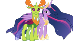 Size: 7807x4374 | Tagged: safe, artist:crystalmagic6, artist:dashiesparkle, edit, princess twilight 2.0, thorax, twilight sparkle, twilight sparkle (alicorn), alicorn, changedling, changeling, pony, the last problem, crown, ethereal mane, female, jewelry, king thorax, looking at you, male, older, older thorax, older twilight, regalia, shipping, simple background, starry mane, straight, tiara, transparent background, twirax, vector, vector edit