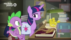 Size: 1920x1080 | Tagged: safe, screencap, spike, twilight sparkle, twilight sparkle (alicorn), alicorn, dragon, pony, the point of no return, bag, bits, book, bookshelf, lamp, saddle bag, winged spike