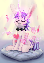 Size: 773x1105 | Tagged: safe, artist:xbi, derpibooru import, oc, oc:lapush buns, pony, unicorn, bowtie, bunnycorn, heart, heart eyes, looking at you, male, pillow, sitting, sitting on pillow, stallion, wingding eyes