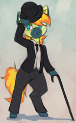 Size: 885x1428 | Tagged: safe, artist:marsminer, oc, oc only, oc:yaktan, semi-anthro, bipedal, bowler hat, cane, clothes, hat, hat tip, male, stallion, suit