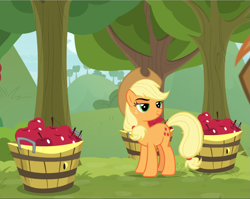 Size: 1181x939 | Tagged: safe, derpibooru import, screencap, applejack, earth pony, pony, going to seed, apple, basket, bushel basket, cropped, food, lidded eyes, smiling, smirk, smug, solo