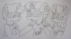 Size: 4657x2583 | Tagged: safe, artist:徐詩珮, fizzlepop berrytwist, glitter drops, spring rain, tempest shadow, pony, unicorn, series:ponies in precure universes, broken horn, female, glittershadow, horn, lesbian, lineart, mare, polyamory, precure, shipping, springdrops, springshadow, springshadowdrops, suite precure, traditional art