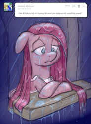 Size: 684x926 | Tagged: safe, artist:pippy, pinkie pie, pony, apron, ask, clothes, floppy ears, pinkamena diane pie, pinkiepieskitchen, rain, sad, solo