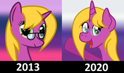 Size: 1358x800 | Tagged: safe, artist:brightstarclick, oc, oc:bright star, pony, unicorn, 2013, 2020, bust, comparison, glasses, progression