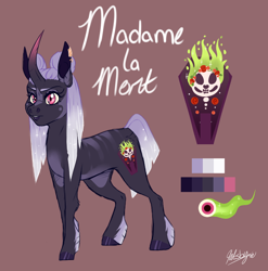 Size: 760x768 | Tagged: safe, artist:qatsby, derpibooru import, oc, oc:madame la mort, pony, unicorn, curved horn, female, horn, offspring, parent:king sombra, parent:twilight sparkle, parents:twibra, reference sheet, simple background, solo