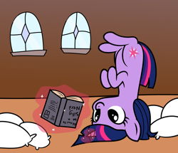 Size: 2500x2150 | Tagged: safe, artist:slb94, artist:tjpones, derpibooru import, twilight sparkle, unicorn twilight, pony, unicorn, adorkable, book, cute, dork, glowing horn, magic, nerd, pillow, reading, silly, silly pony, solo, telekinesis, twiabetes, upside down