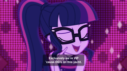 Size: 2208x1242 | Tagged: safe, screencap, sci-twi, twilight sparkle, equestria girls, equestria girls series, i'm on a yacht, spoiler:eqg series (season 2), neon eg logo, solo