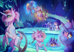 Size: 5016x3541 | Tagged: safe, artist:lummh, artist:pon-ee, derpibooru import, oc, pony, unicorn, collaboration, cave, cave pool, clones, levitation, magic, mirror pool, self-levitation, telekinesis, water