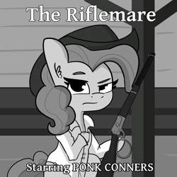 Size: 2250x2250 | Tagged: safe, artist:tjpones, pinkie pie, earth pony, pony, clothes, cowboy hat, dexterous hooves, female, grayscale, gun, hat, hoof hold, lever action rifle, mare, monochrome, ponk, rifle, shirt, solo, the rifleman, weapon