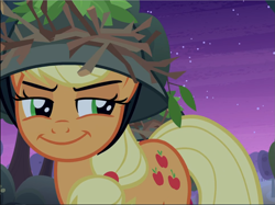 Size: 1259x940 | Tagged: safe, derpibooru import, screencap, applejack, earth pony, pony, going to seed, cropped, narrowed eyes, smiling, smirk, solo