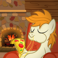 Size: 2500x2500 | Tagged: safe, artist:pizzamovies, oc, oc only, oc:pizzamovies, earth pony, pony, cheese, eating, eyes closed, fire, fireplace, food, male, meat, pepper, pepperoni, pepperoni pizza, pizza, ponies eating meat, show accurate, sitting, stallion