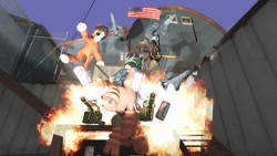 Size: 1280x720 | Tagged: safe, artist:horsesplease, trouble shoes, budweiser, clydesdale, drunk, drunken shoes, explosion, flag, jet, jet fighter, minigun, mudsdale, murica, murrica, pokémon