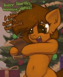 Size: 1111x1364 | Tagged: safe, artist:marsminer, derpibooru import, oc, oc only, oc:venus spring, pony, belly button, braces, christmas, christmas tree, dialogue, gift wrapped, heart eyes, hearth's warming, holiday, present, solo, tree, venus spring actually having a pretty good time, wingding eyes