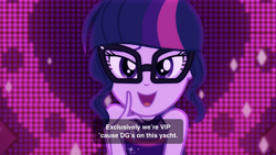 Size: 2208x1242 | Tagged: safe, screencap, sci-twi, twilight sparkle, better together, equestria girls, i'm on a yacht, neon eg logo, solo