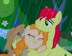 Size: 1031x807 | Tagged: safe, screencap, bright mac, pear butter, pony, the perfect pear, brightbutter, cropped, female, hug, male, rain, shipping, straight